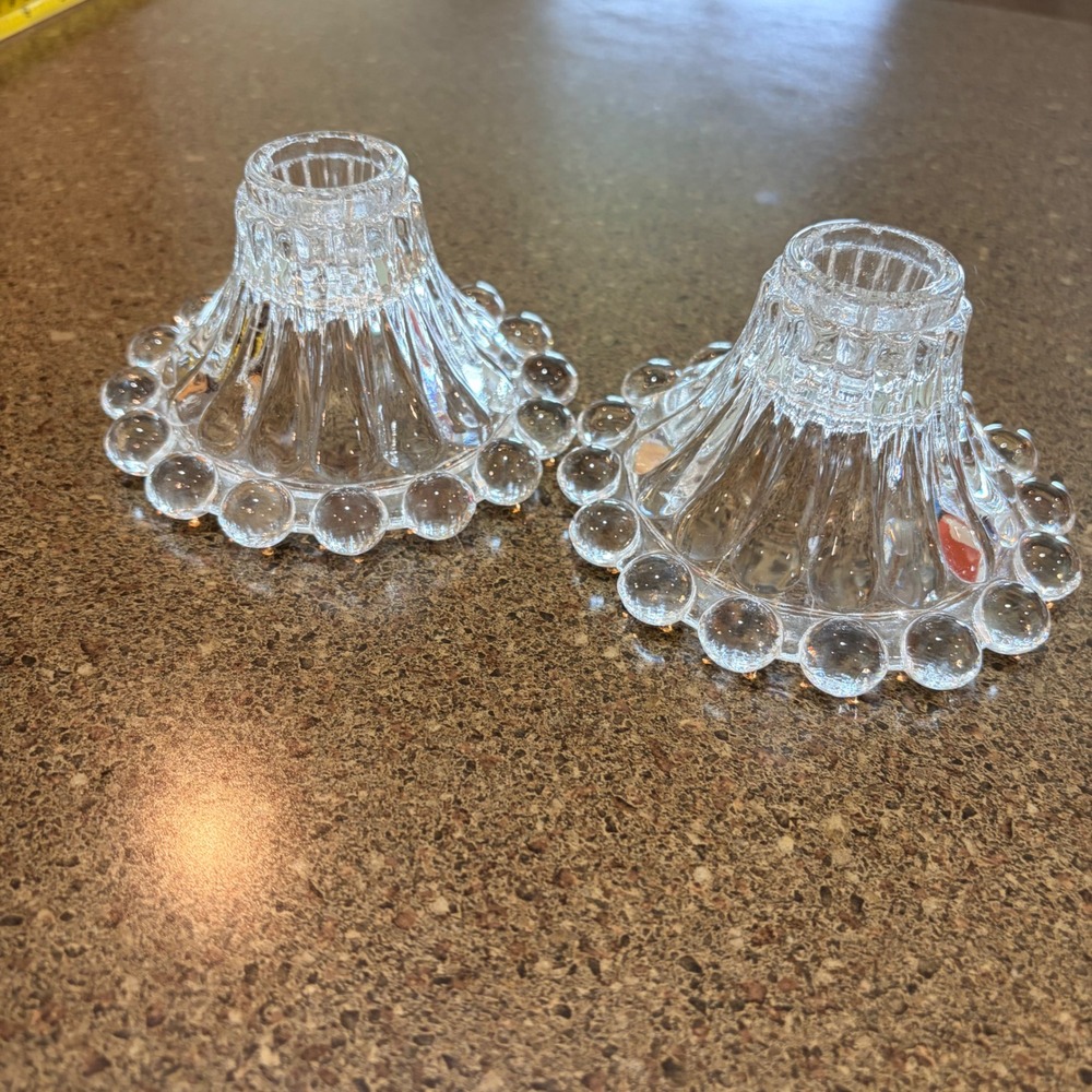 Clear‎ Glass Candle Holders Set of 2 Beaded Edge Vintage MCM 4.5"
